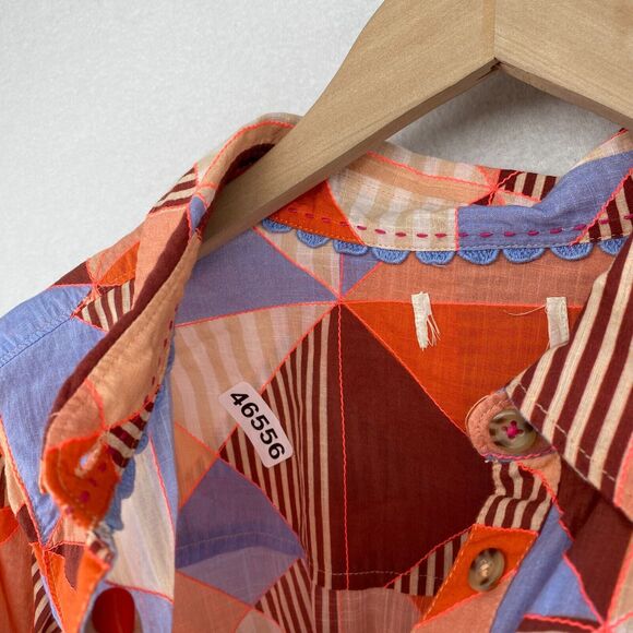 MAEVE ANTHROPOLOGIE Top L Patchwork Shirt Button Front Roll Tab Sleeve Pink Blue - Picture 16 of 16